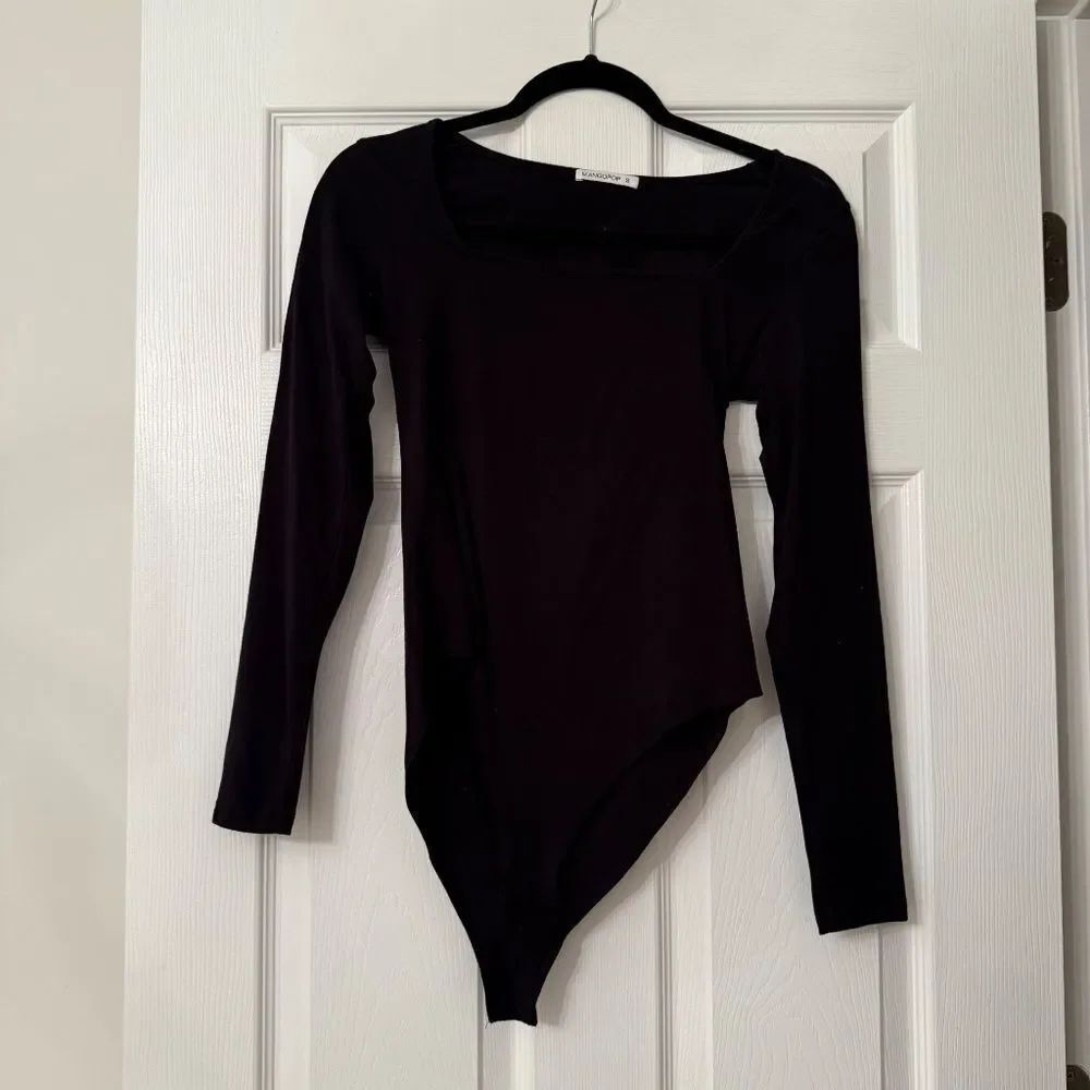 MANGOPOP Women's Square Neck Short Sleeve Long Sleeve Bodysuit Black - Picture 2 of 5